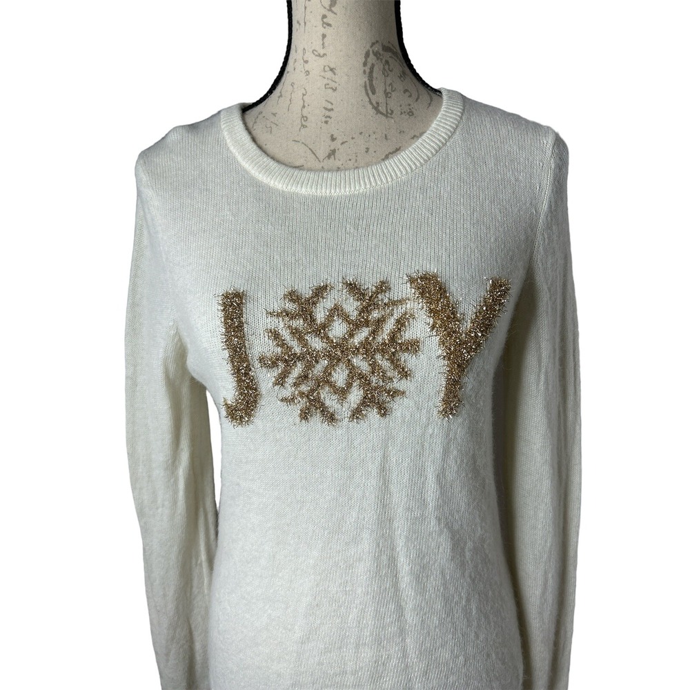 TALBOTS cream & gold tinsel holiday JOY sweater‎ wool alpaca blend size Small - Picture 2 of 6
